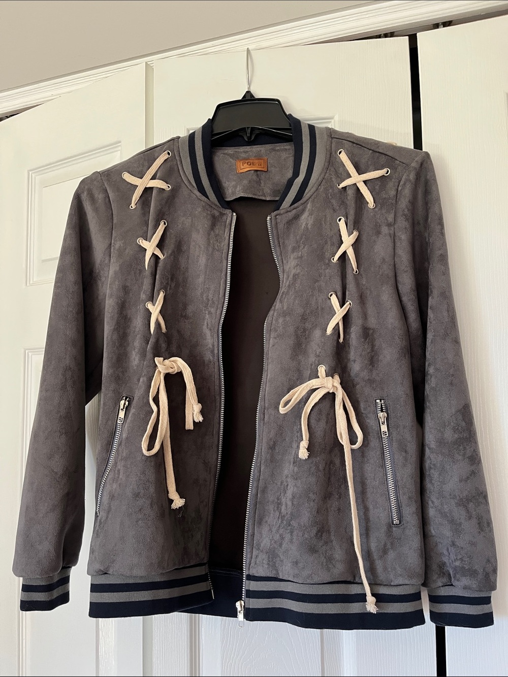 POL Gray Faux Suede Bomber Jacket with Cream Lace Up Ties